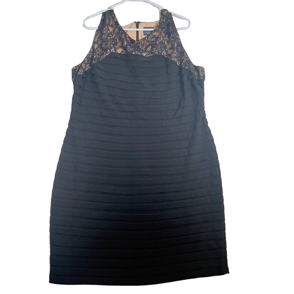 Adrianna Papell Above Knee Dress A-Line Woman Black Lace Top Horizon Pleats